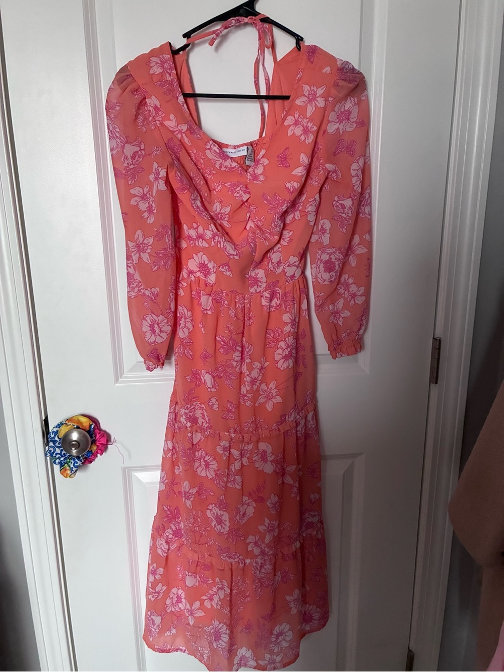 Sincerely Jules Coral Pink Floral Ruffle Halter Maxi Dress